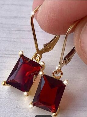 Gold-Plated Red Garnet Square Drop Earrings - Women Jewelry